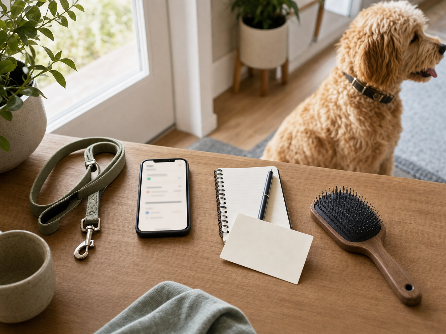 Organized pet care planning items with a relaxed dog nearby