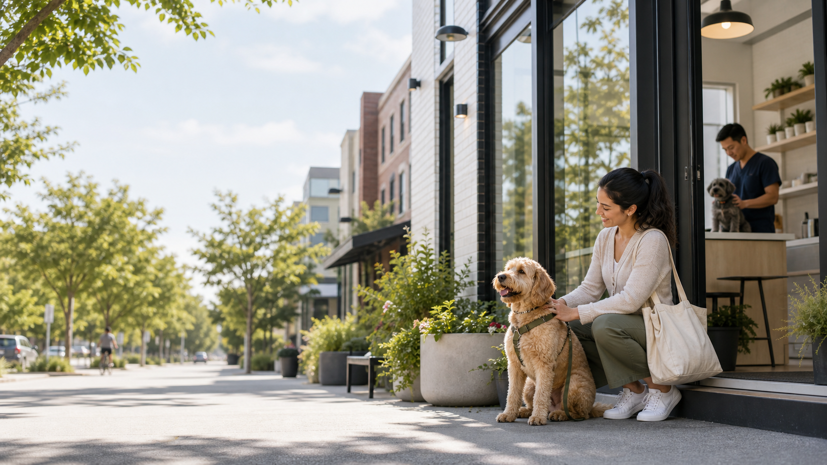 Pet owner and dog outside a modern Austin pet care storefront