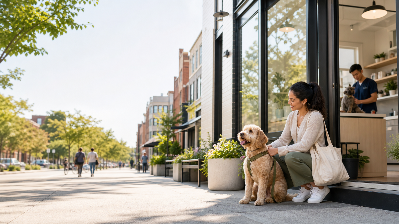 Pet owner and dog outside a modern local pet care storefront